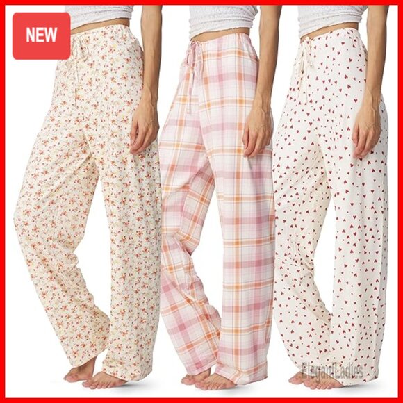 3 Pack Flared Pajama Pants Soft Polyester Lounge Bottoms for Women